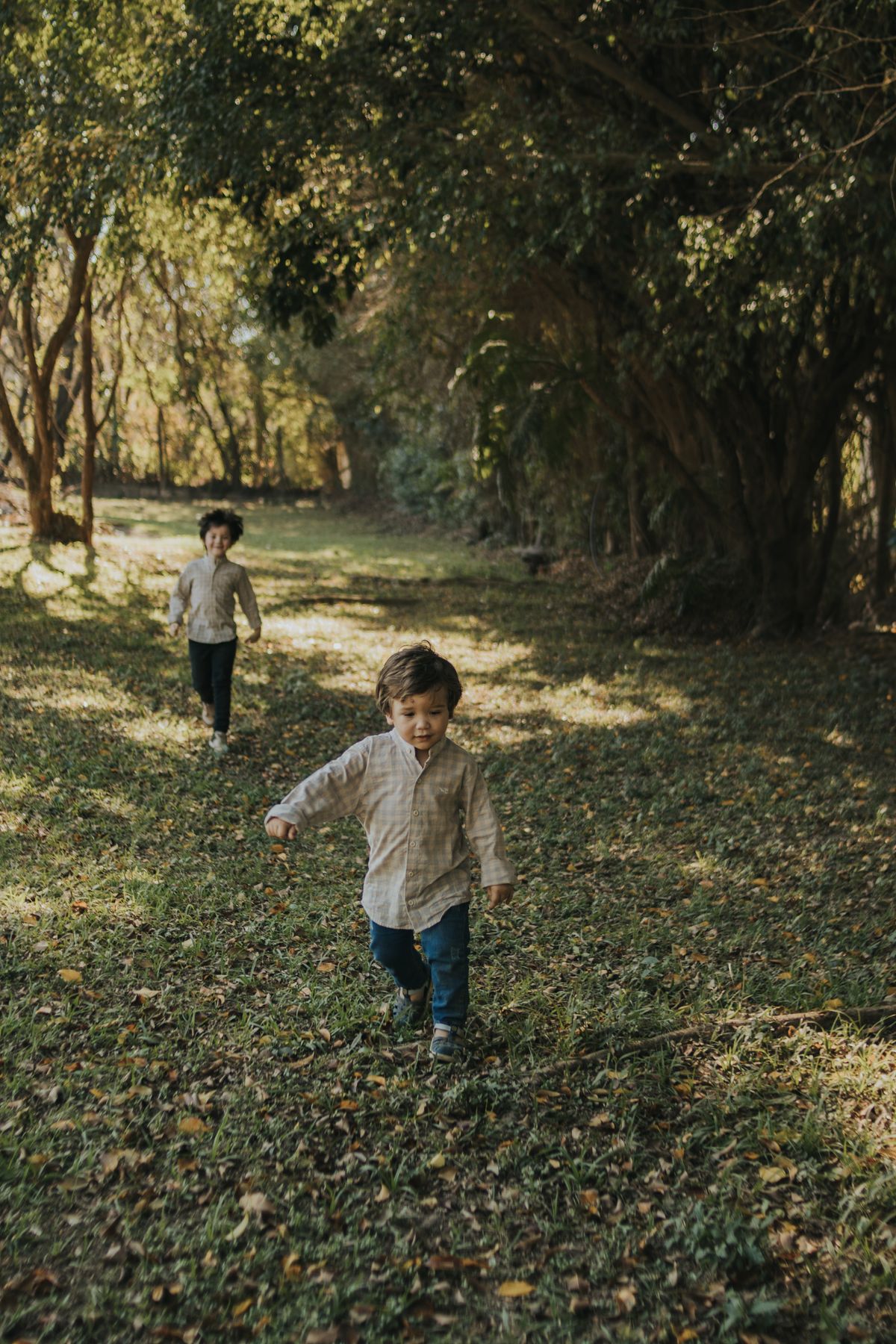 Enfants jouant dans un parc arboré, photo d’ambiance