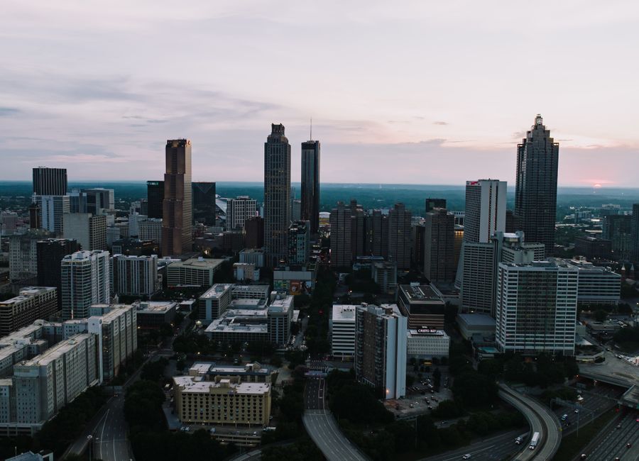 Stunning aerial view of Atlanta, Georgia skyline during sunset, showcasing modern architecture.