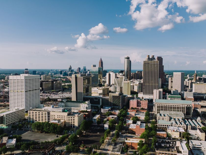 Aerial view of the Atlanta, Georgia skyline under a clear sky