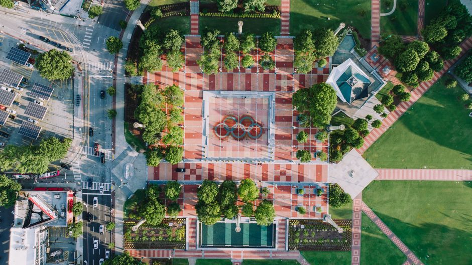 Breathtaking Take a Thrilling 85 Miles Private Helicopter Tour to Space Coast Review 2026 - Stunning aerial view of Centennial Olympic Park in Atlanta, showcasing its design and greenery.