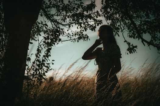 Artistic silhouette of a woman in a field at sunset in Ukraine, capturing a moody and vintage vibe.