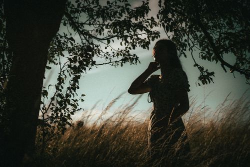 Free Artistic silhouette of a woman in a field at sunset in Ukraine, capturing a moody and vintage vibe. Stock Photo