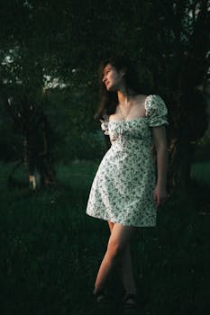 A woman in a floral dress stands in the moody evening light outdoors in Ukraine.