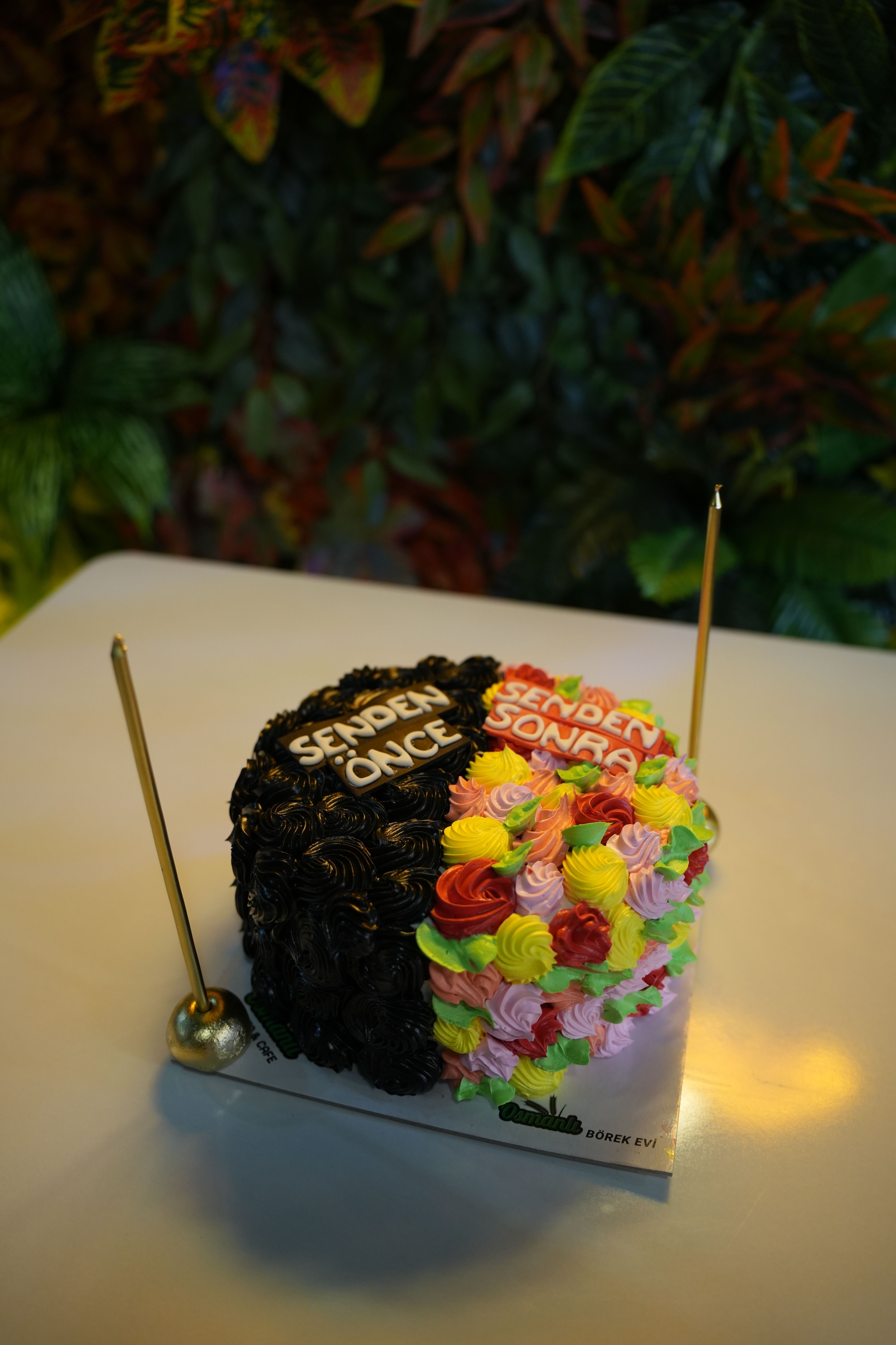 Artistic cake with half chocolate frosting and colorful floral design set against lush greenery.