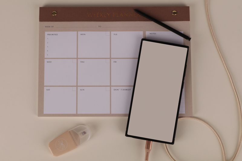Desk setup with a weekly planner, used to map out a social media content calendar
