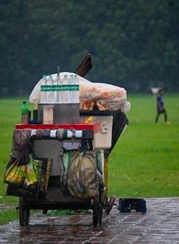 A street food cart under the rain in a green park, offering a quiet urban scene.