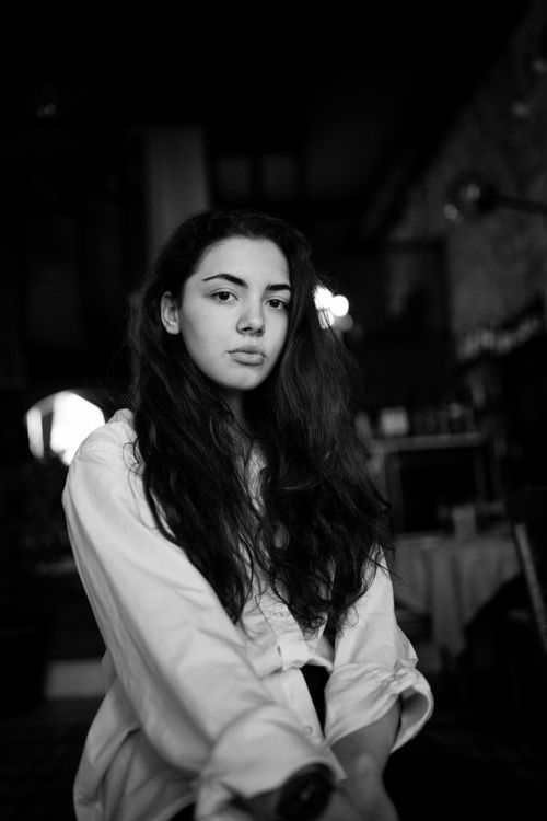 Free Black and white portrait of a woman with long hair in an elegant setting. Stock Photo