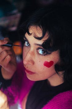 Close-up of a young woman applying eyeliner with a red heart painted on her cheek.