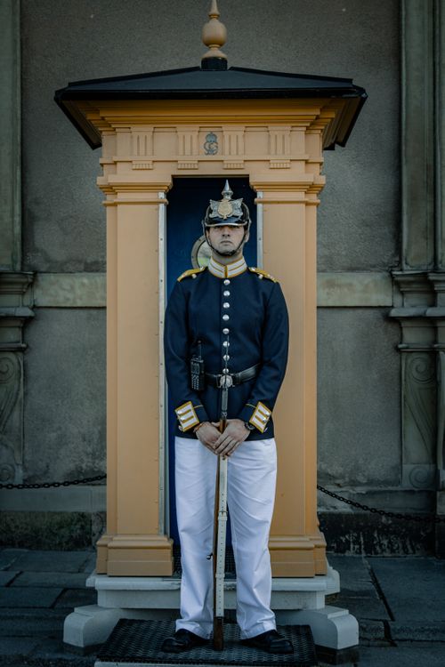Free Royal guard standing at attention in front of classic guardhouse at Stockholm Palace, Sweden. Stock Photo