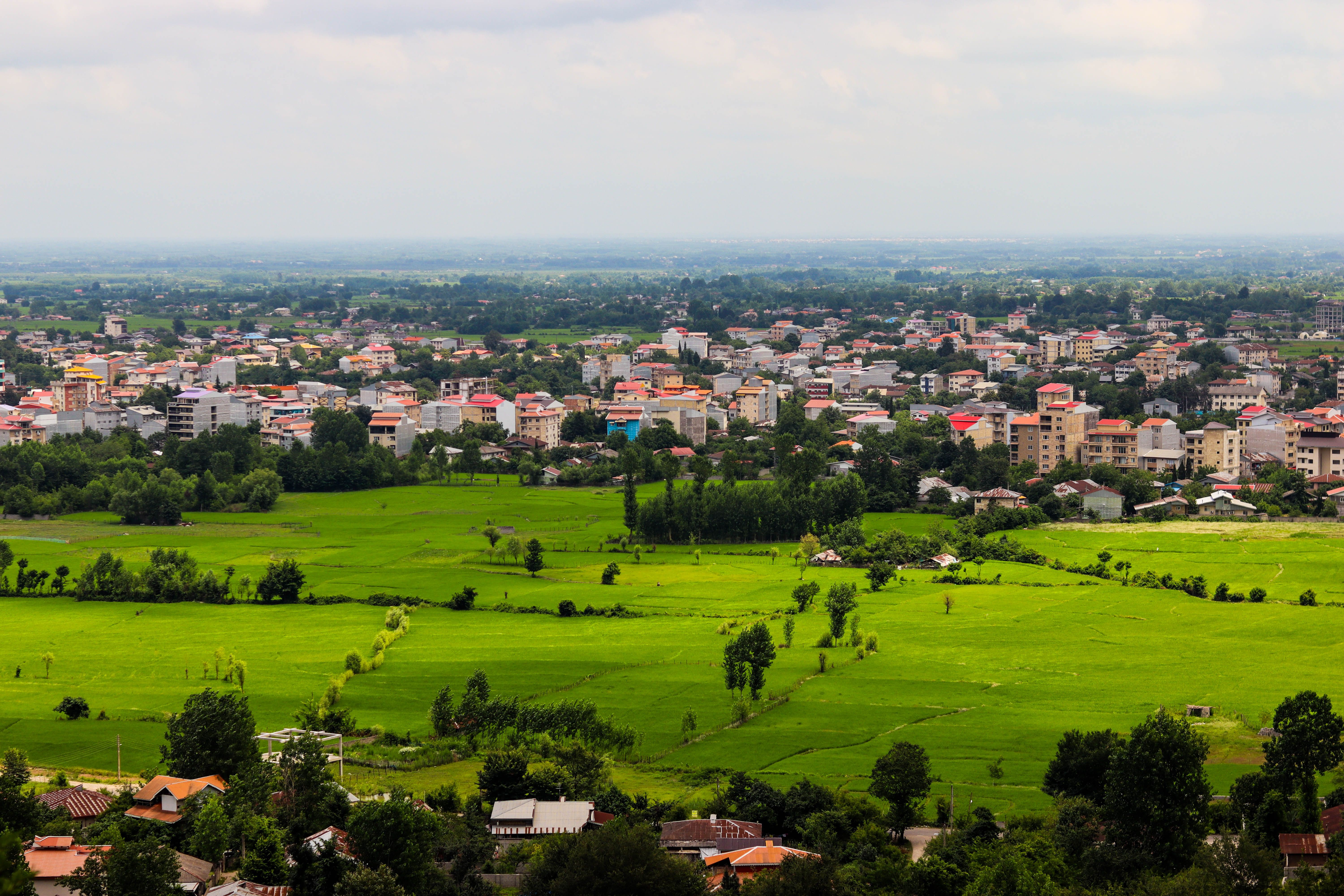 A beautiful view of expansive green fields transitioning into a bustling cityscape under cloudy skies.