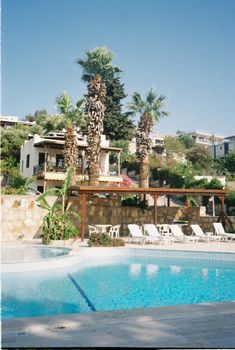 A tranquil poolside view with palm trees and sun loungers perfect for relaxation.