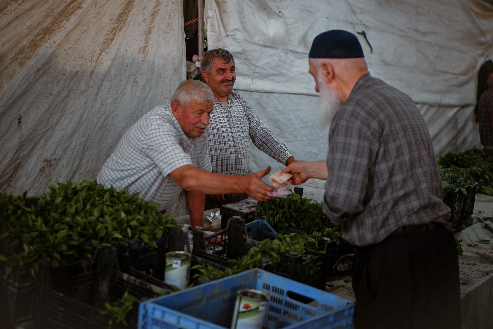 Elderly men exchanging goods and payment at a local market stall surrounded by fresh produce.