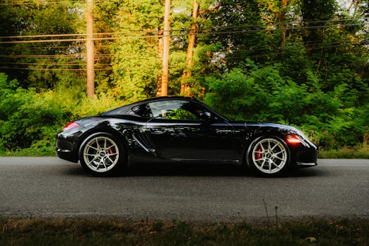 Sleek black sports car parked on a forest road in summer, showcasing modern design.