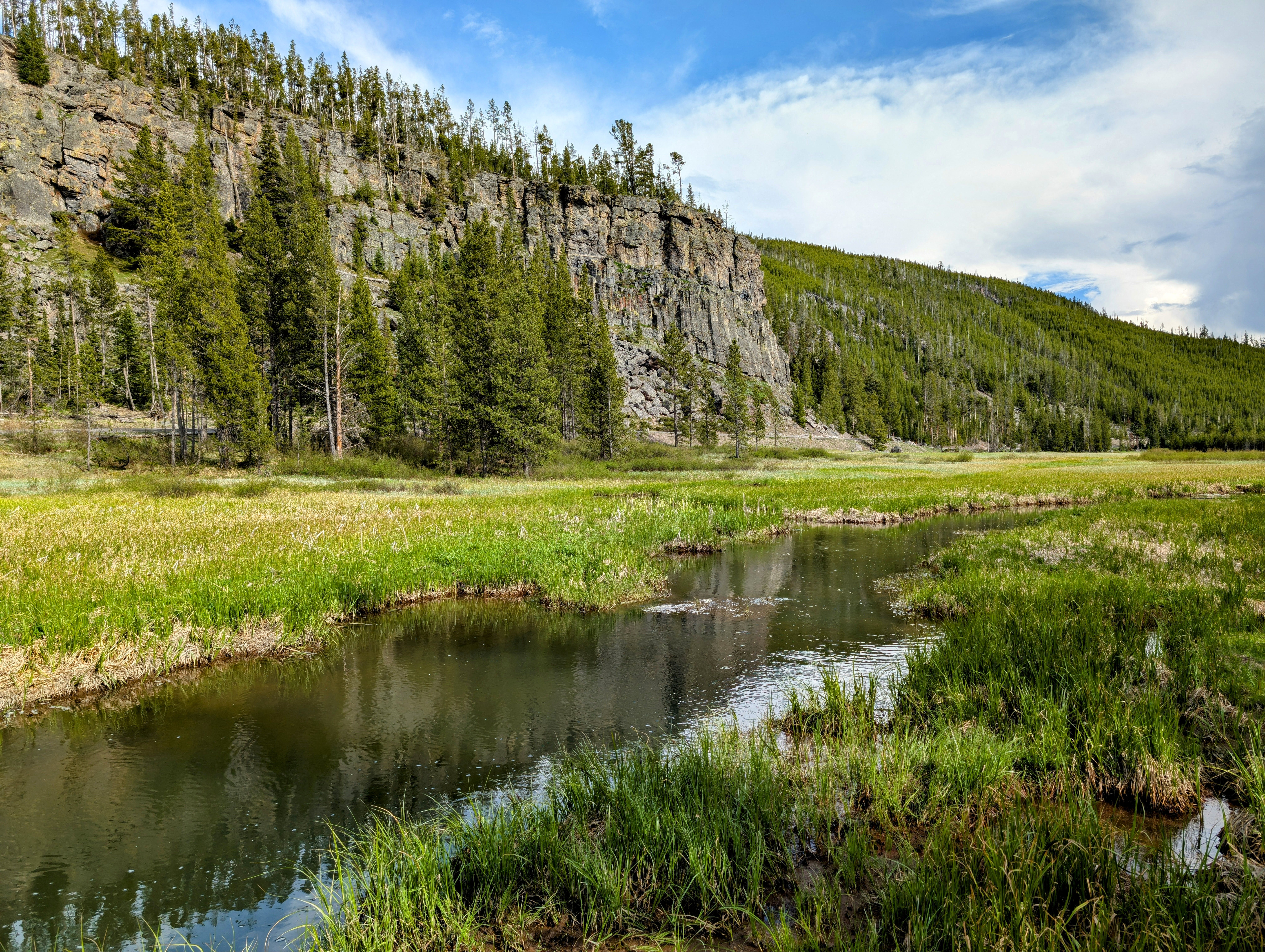 Lamar River winding through Slough Creek grasslands