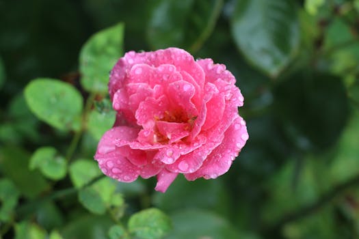 A vibrant pink rose covered in dewdrops, captured in lush greenery.