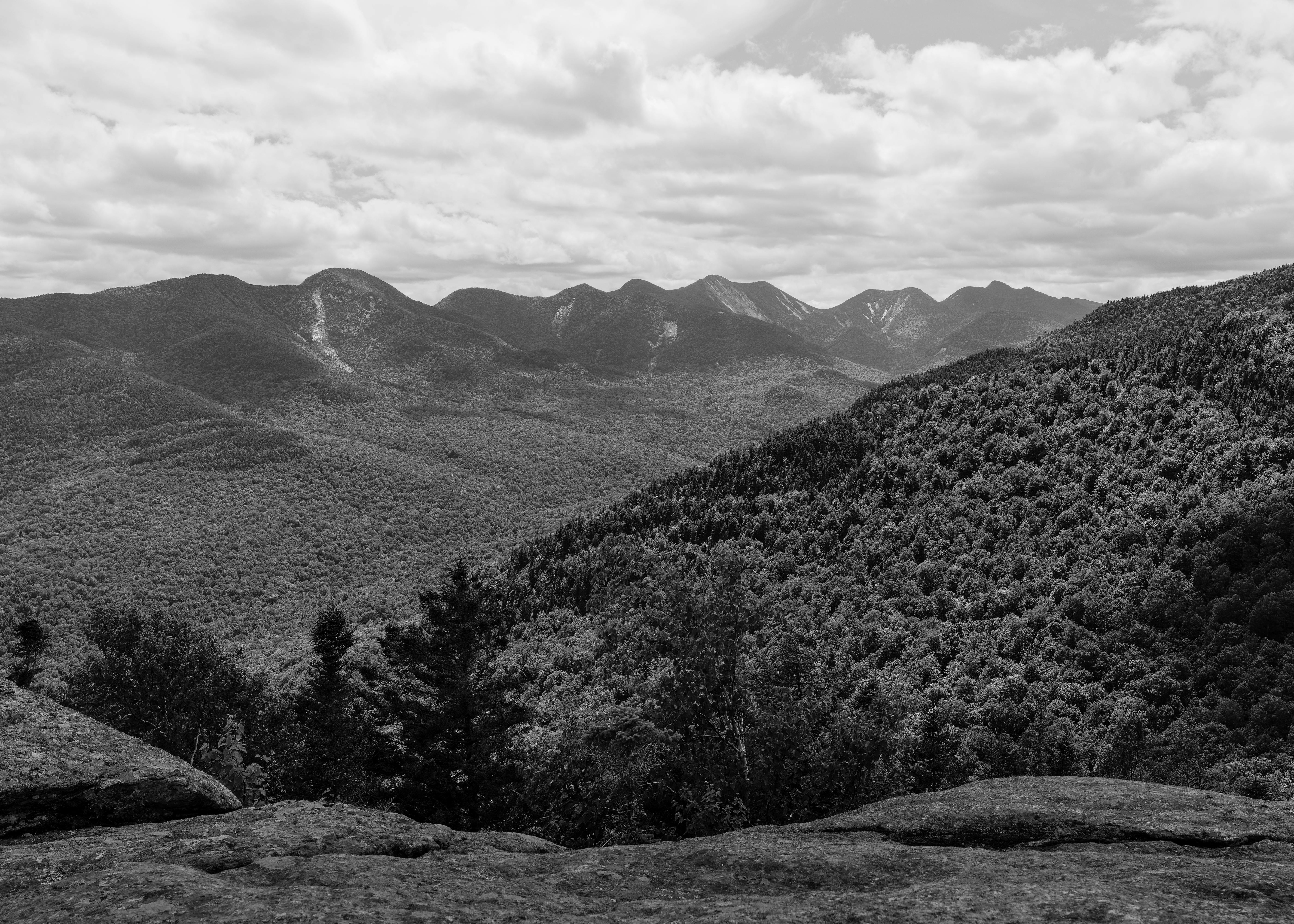 A dramatic black and white view of the High Peaks in the Adirondack Mountains, New York.