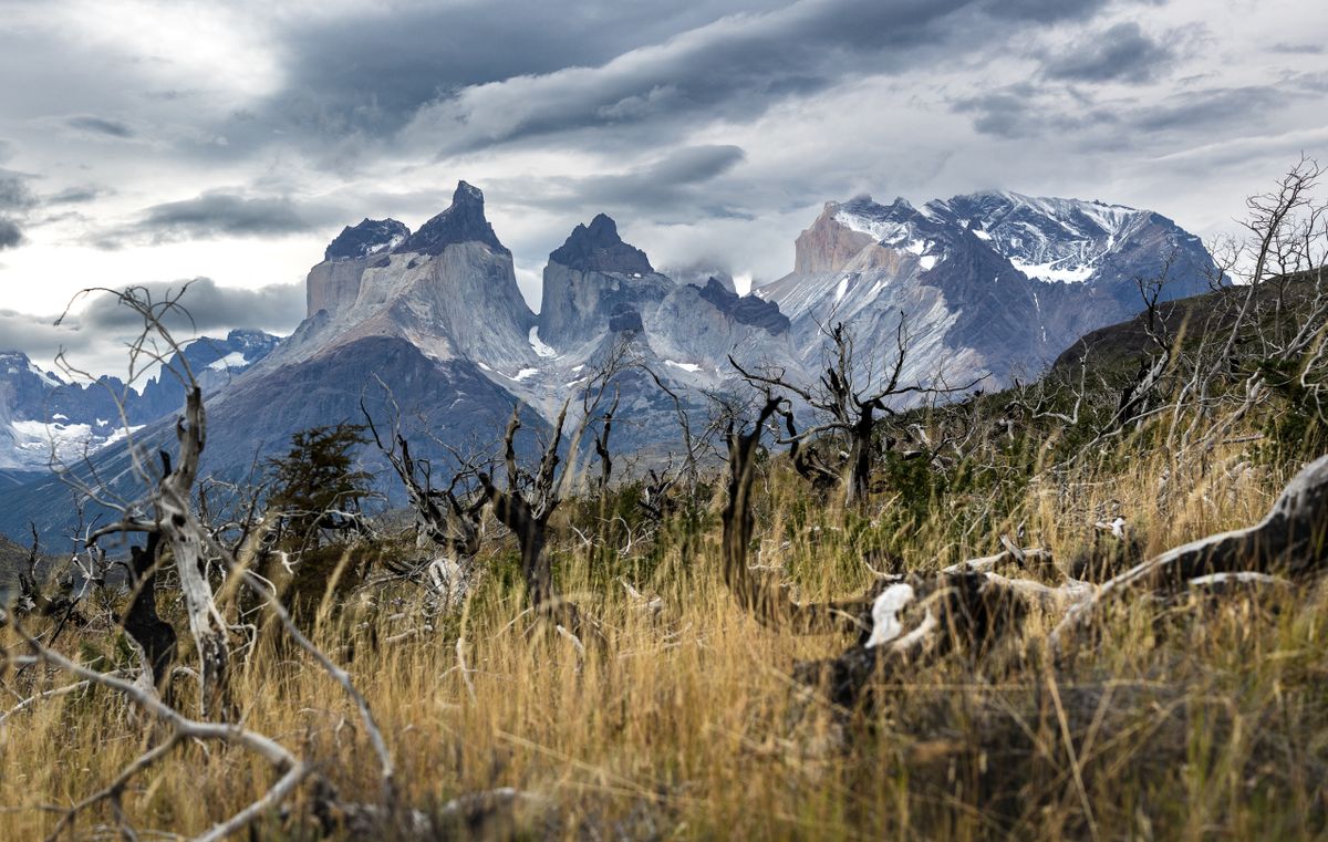 Jagged Torres del Paine peaks under dramatic clouds in Patagonia