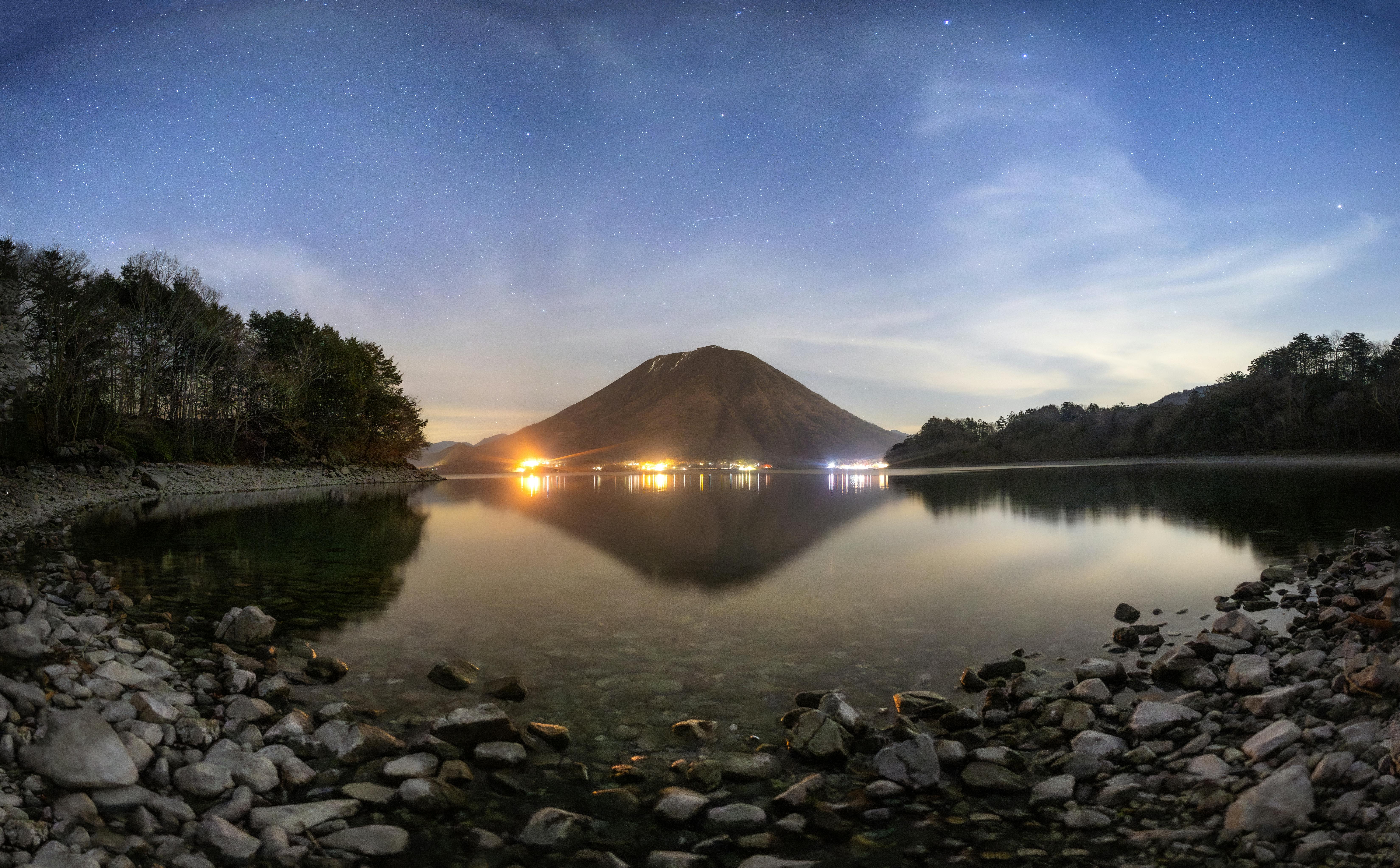 Lake Chuzenji at golden hour with Mount Nantai reflecting perfectly in the calm blue waters