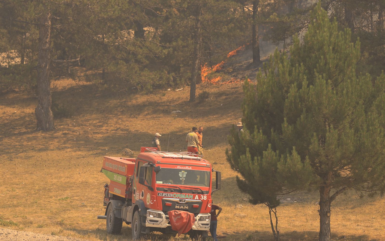 Firefighters and a fire truck working a forest wildfire during the day