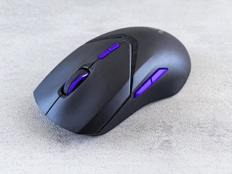 Sleek black wireless gaming mouse with vibrant purple accents, ideal for tech enthusiasts.