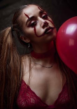 A young woman with dramatic clown makeup and a red balloon creating a mysterious atmosphere.
