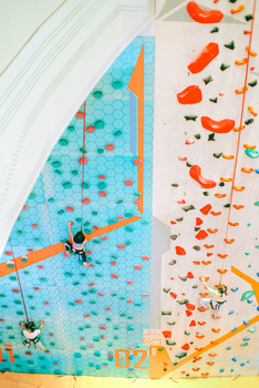 Three people climb a colorful indoor rock wall, showcasing adventure and fitness.