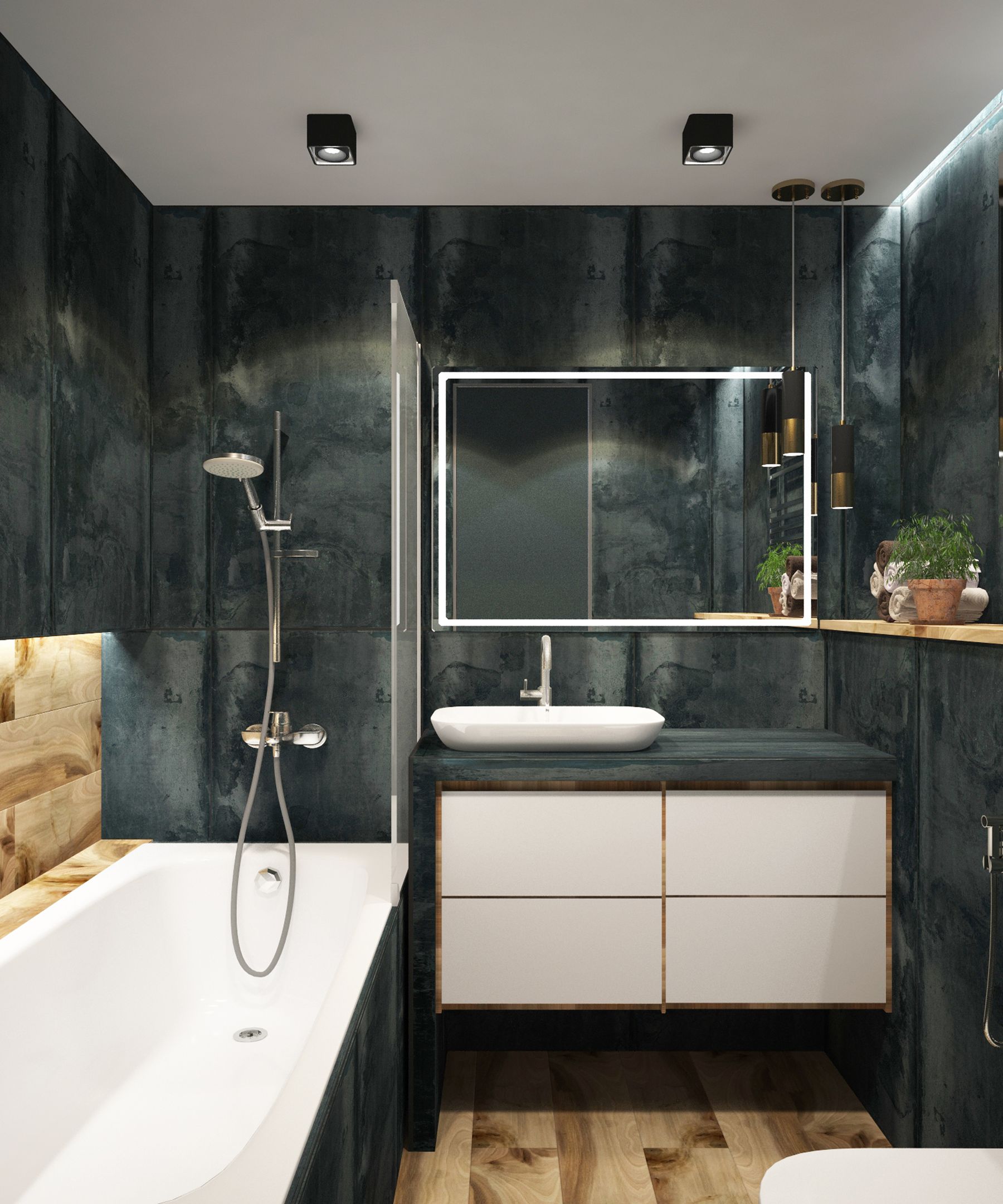 Contemporary bathroom with dark marble surfaces, pale fixtures and warm wood accents
