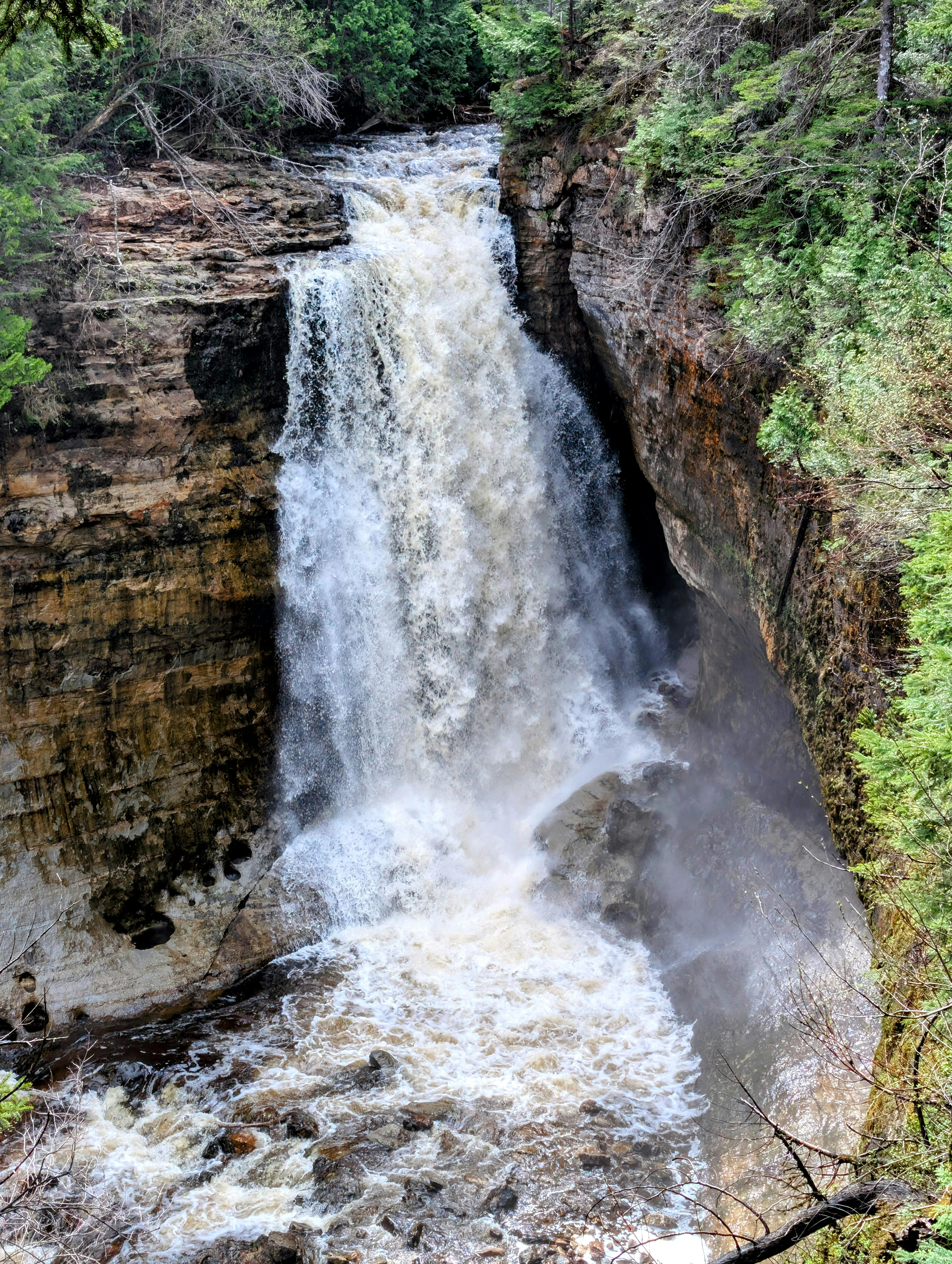 A breathtaking waterfall cascading through a lush forest in Michigan, USA.