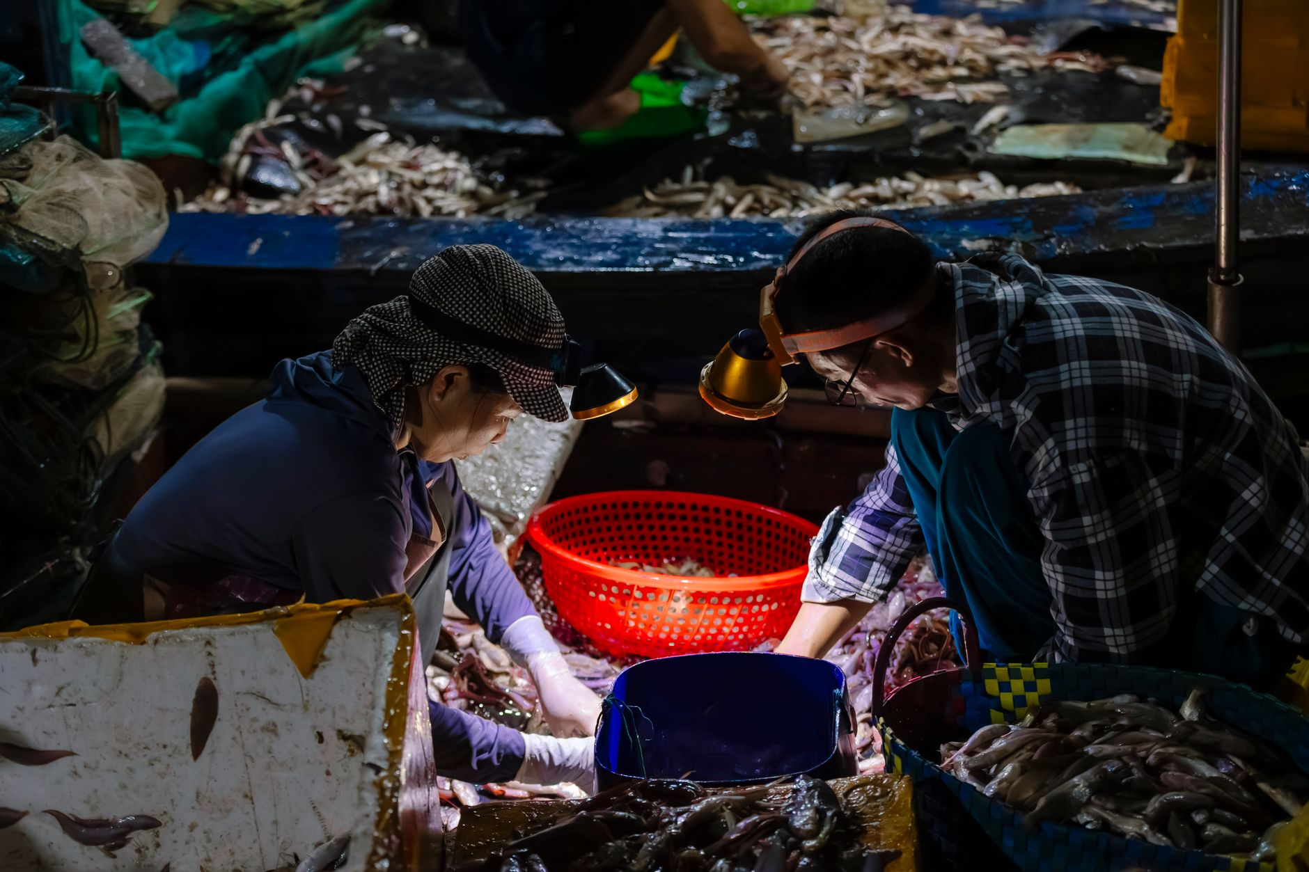 Two workers sort through fresh seafood under artificial lights at a bustling nighttime fish market.