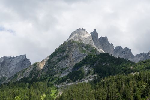 Free Breathtaking photograph of jagged peaks in the Swiss Alps surrounded by lush green forests under a cloudy sky. Stock Photo