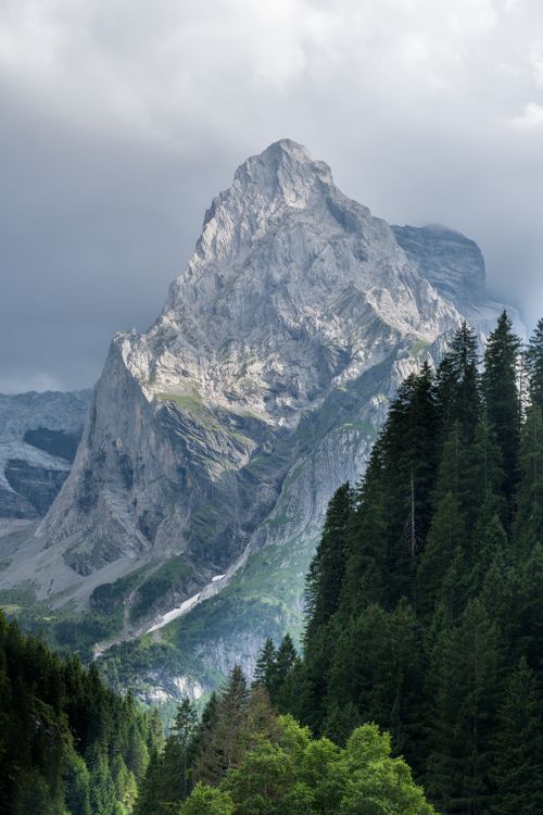 Free Stunning landscape of the Swiss Alps with a rugged peak and lush forest below, under dramatic skies. Stock Photo
