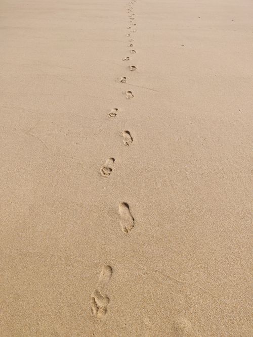 Free A trail of footprints leads through smooth sand on a tranquil beach, evoking solitude and exploration. Stock Photo
