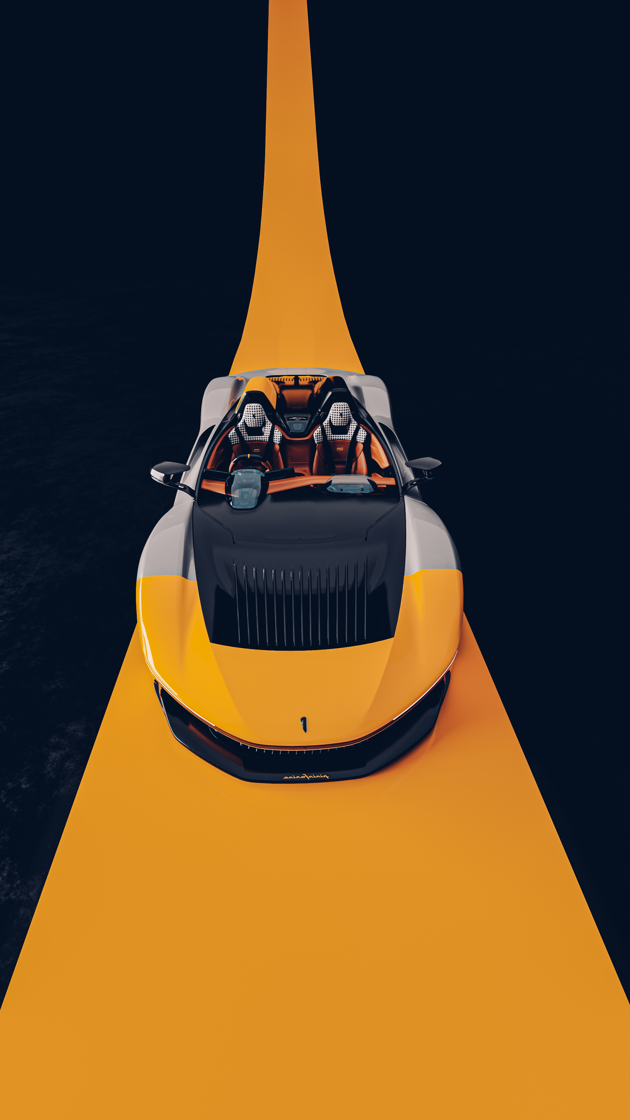 Top view of a sleek convertible car driving on a striking yellow road against a dark background.