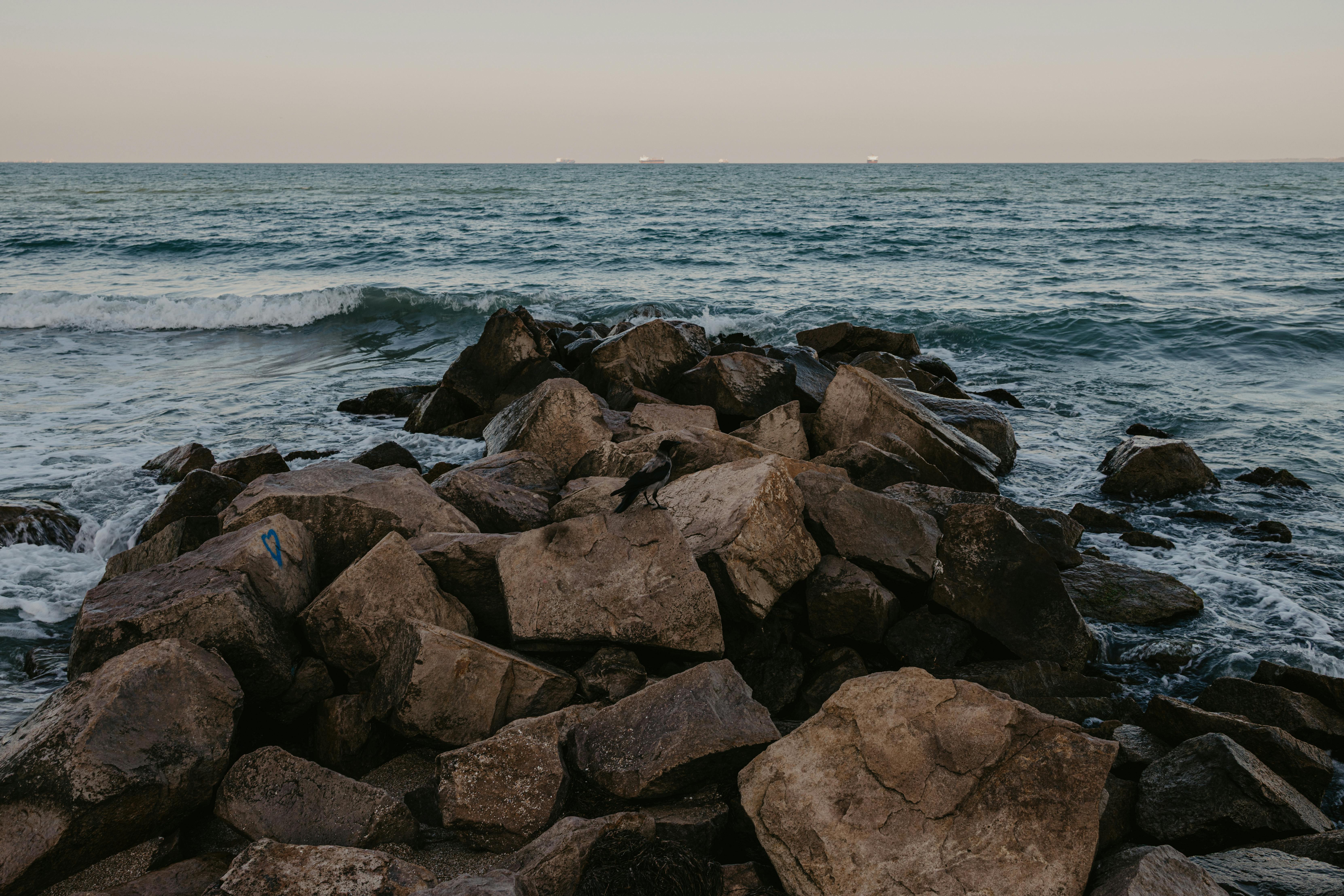 A tranquil rocky beach scene with ocean waves and subtle sunset lighting, capturing nature's beauty.