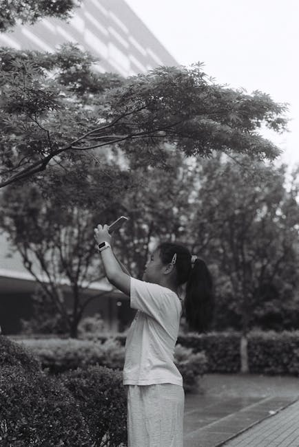 A monochrome image of a person capturing nature with a smartphone.