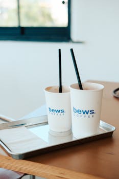 Minimalist cafe scene with two Bews Coffee cups on a tray indoors.