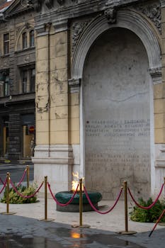 Photograph of the Eternal Flame Memorial in Sarajevo, Bosnia, honoring WWII victims.