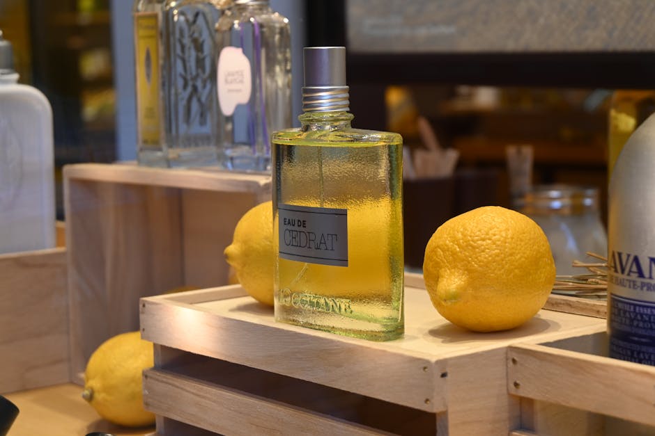 Retail store interior with modular cosmetic displays and glass shelves