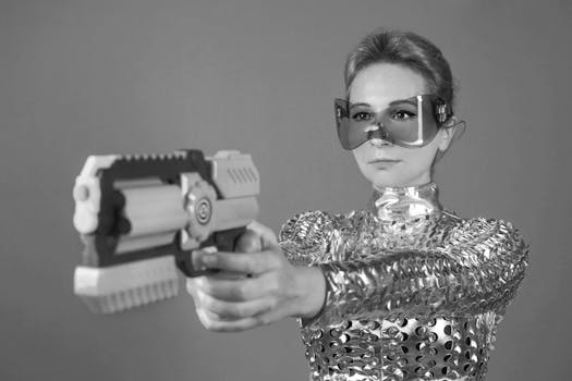 Una donna vestita con un abito metallico che impugna una pistola giocattolo futuristica e indossa degli occhiali con visiera in un'ambientazione fantascientifica.