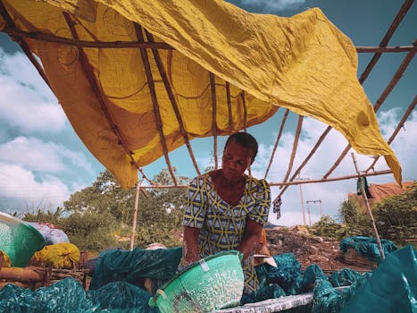 在尼日利亚埃格巴多南部，一名老年妇女在临时帐篷下工作，展示着当地的生活方式
