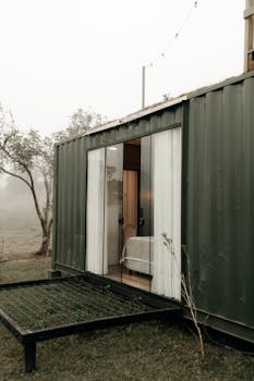 Contemporary container home with open sliding doors on a foggy day.