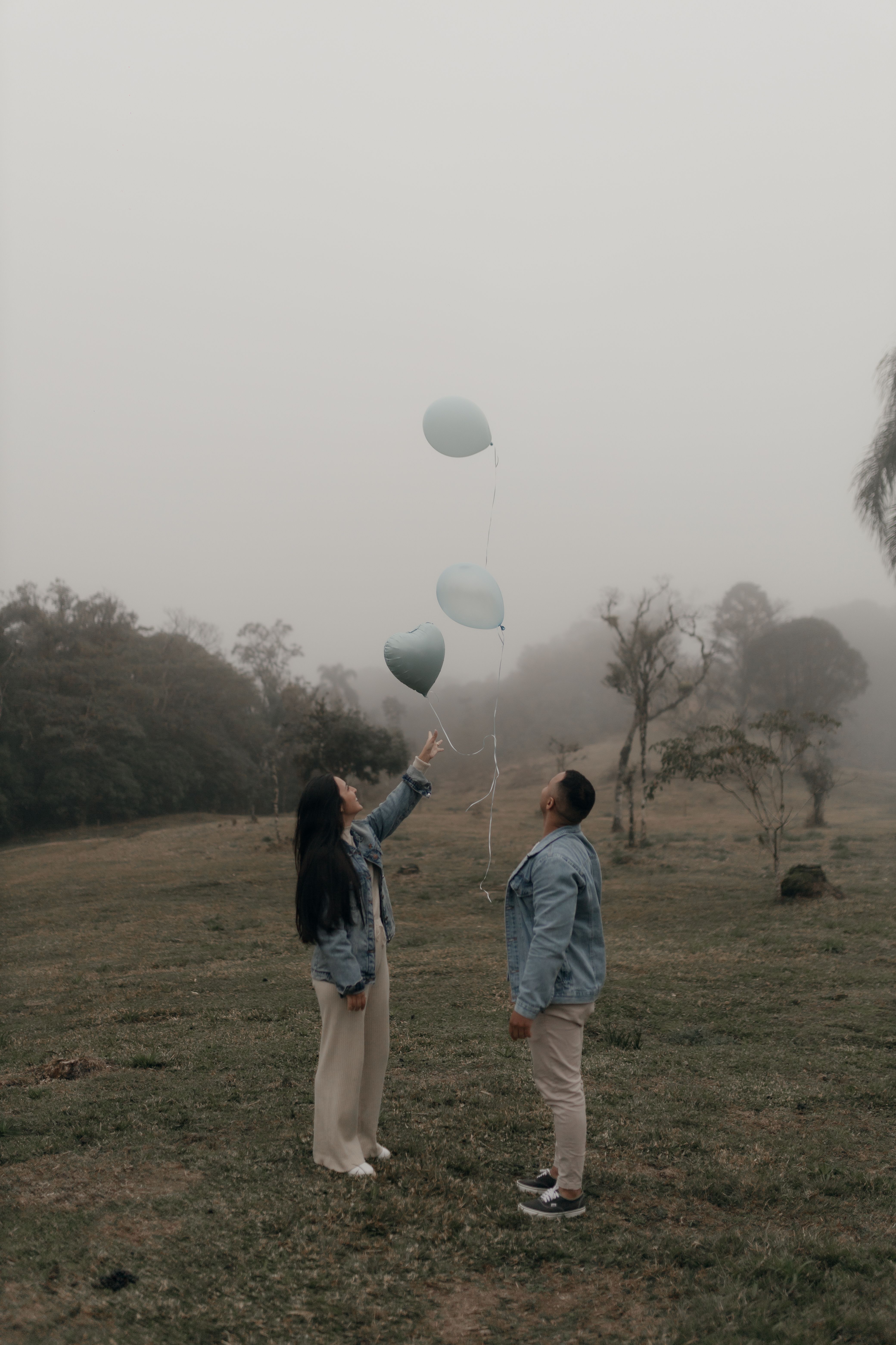 Romantic Couple with Balloons in Misty Field · Free Stock Photo