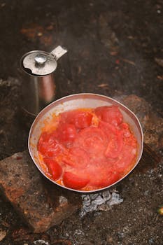 Fresh tomatoes simmering in a pot over a campfire, showcasing rustic outdoor cooking.