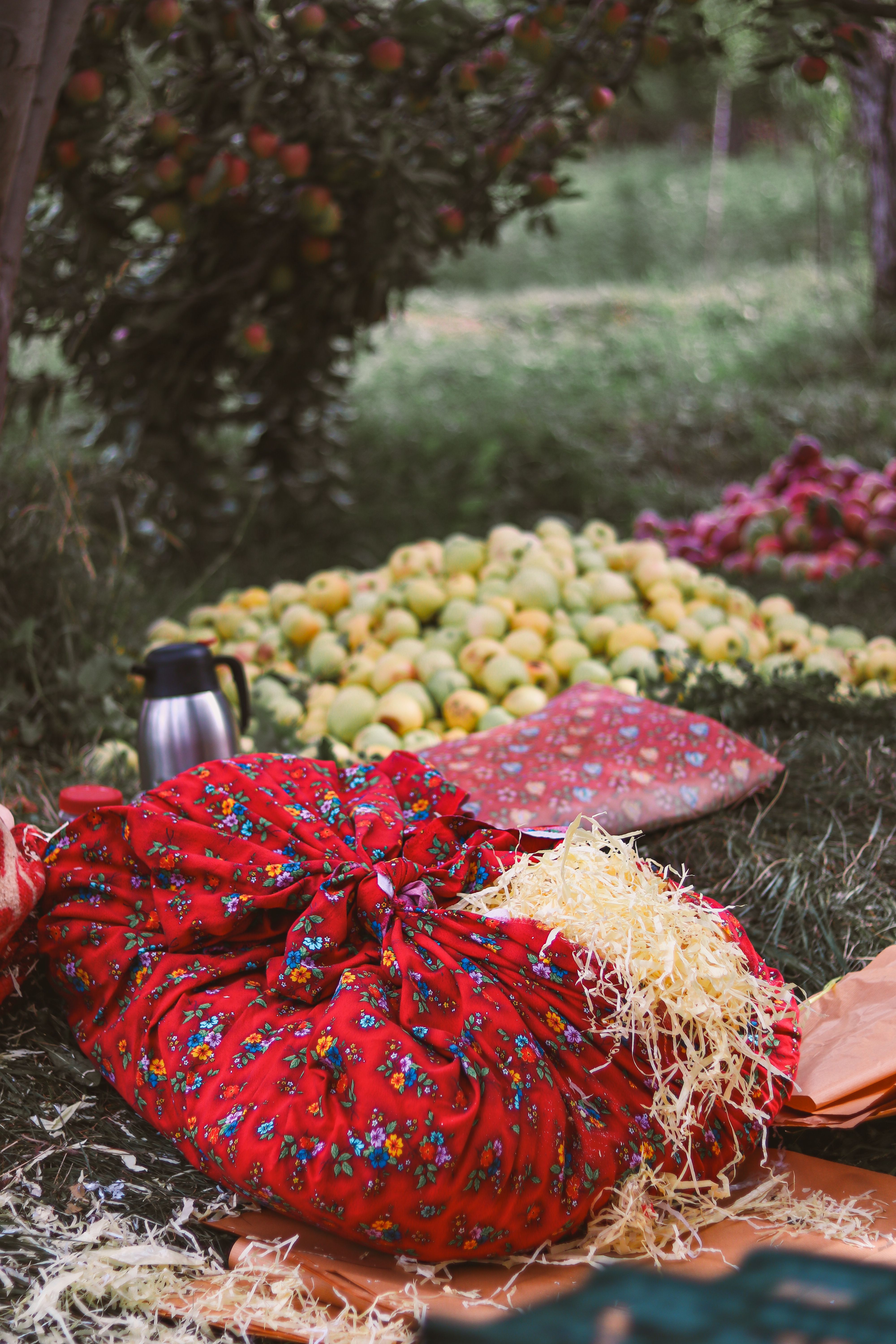 A vibrant collection of apple harvest with colorful fabrics in an outdoor setting, ideal for autumn-themed projects.