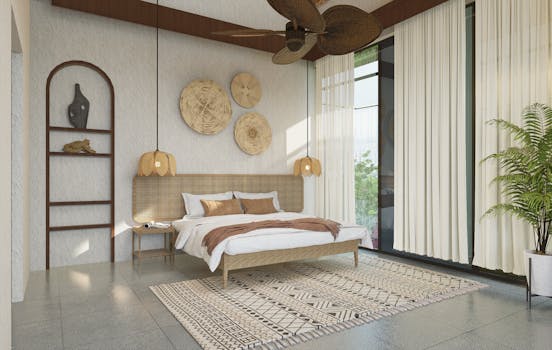 Modern bedroom design featuring natural elements, perfect for minimalistic decor inspiration.