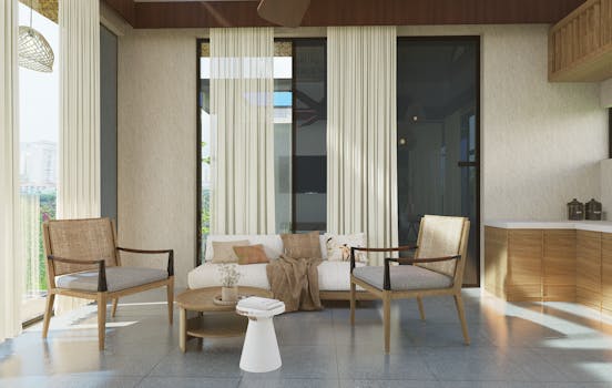 A serene living room in India featuring modern furniture and natural light.