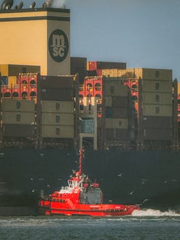 Red tugboat guiding massive cargo ship loaded with containers. Nautical teamwork concept.