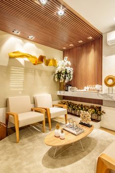 Luxurious modern lounge with elegant furniture and decor in a sophisticated design.