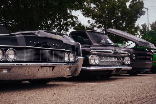 Free A lineup of classic cars displayed outdoors under trees, showcasing vintage designs. Stock Photo