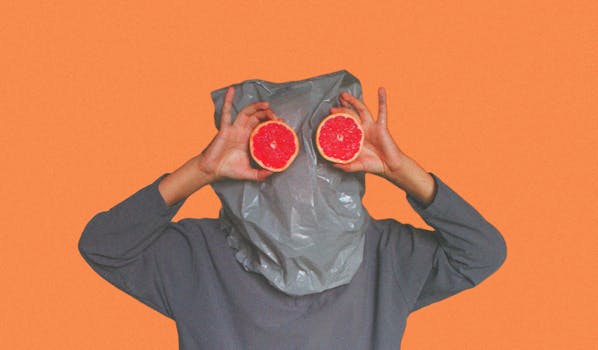 一幅异想天开的肖像画中，人物脸前放着葡萄柚片，戴着灰色袋状面具，背景为橙色